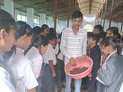 Students viewing the fully ready compost with earthworms.